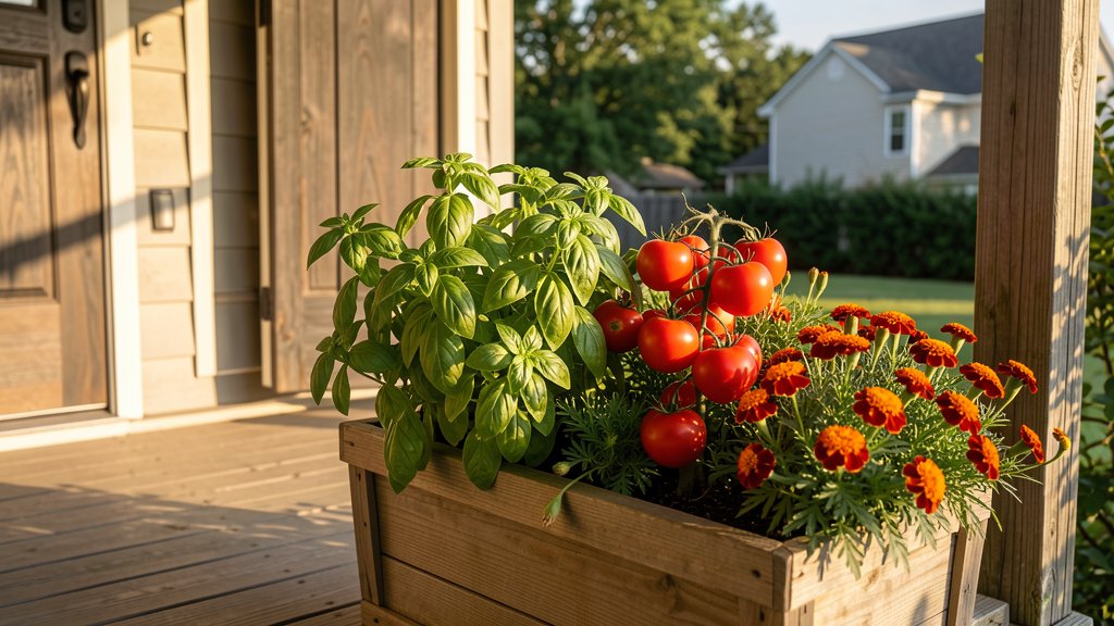 Tomato and basil companion planter on a front porch