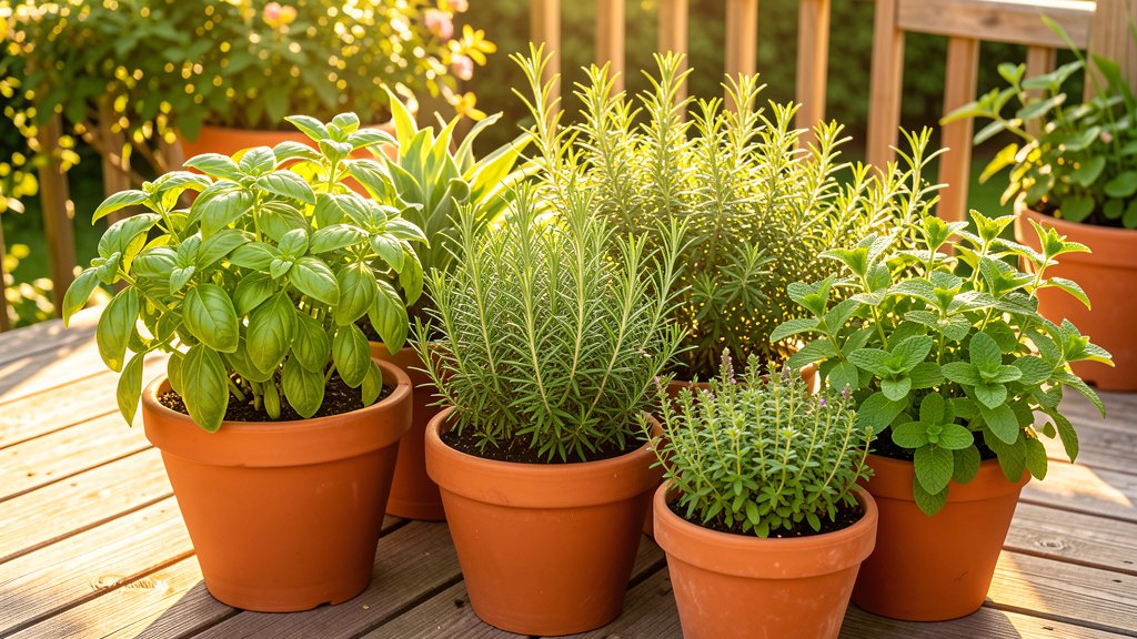 Fresh potted herbs on a sunny kitchen windowsill, basil and rosemary in ceramic pots