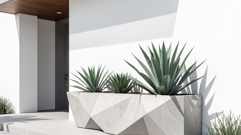 Modern minimalist sculpture planter on a front porch