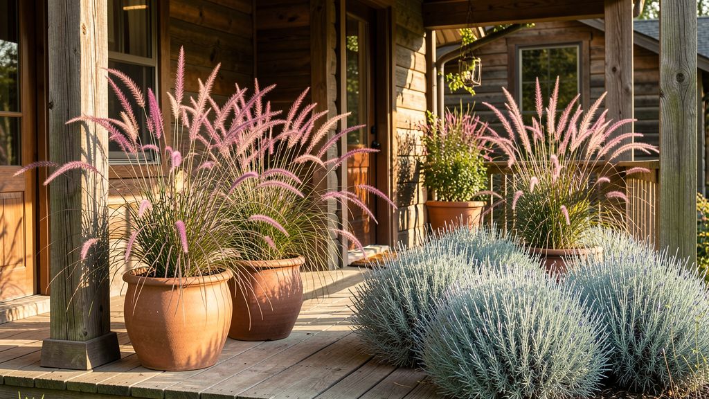 Ornamental grasses in ceramic planters on a front porch