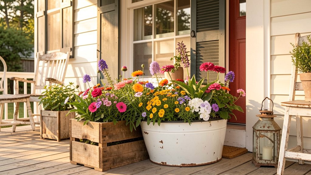 Repurposed vintage container planter on a front porch