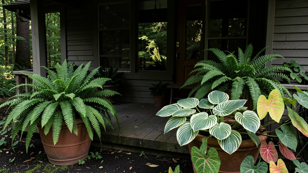 Shade ferns and hostas in containers on a front porch