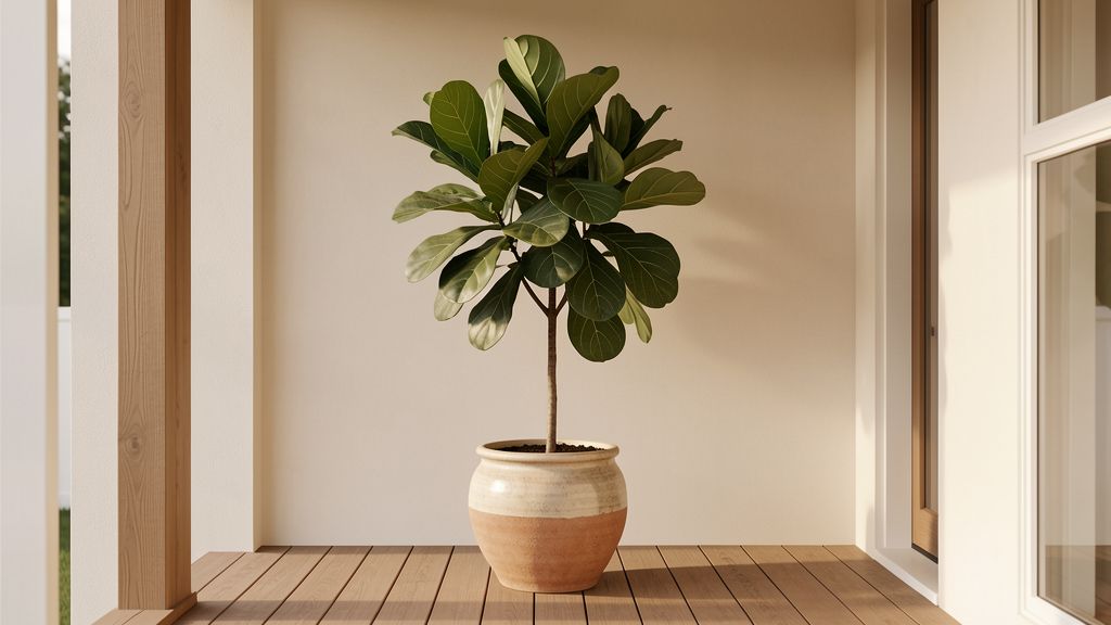 Single Fiddle-leaf fig as a statement plant on a front porch
