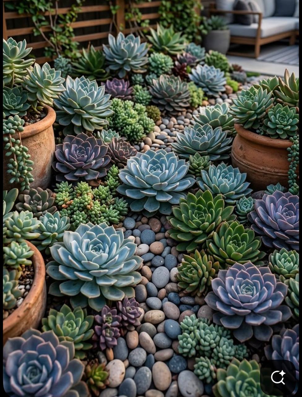 Vibrant succulent garden with blue-green echeverias, purple sempervivums arranged with smooth pebbles in a lush outdoor planter