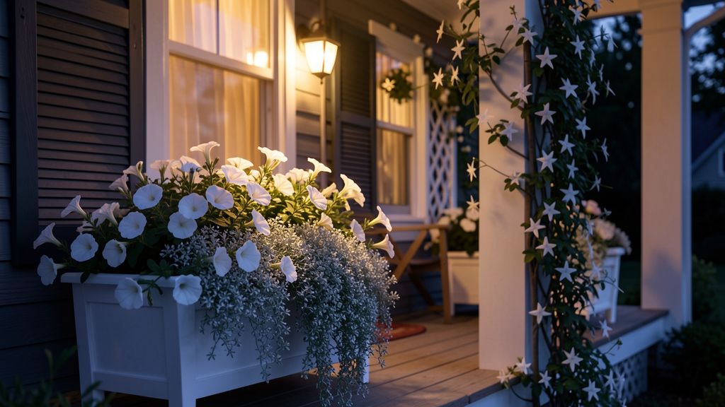 White moon garden planter glowing at dusk with white petunias and silver dichondra