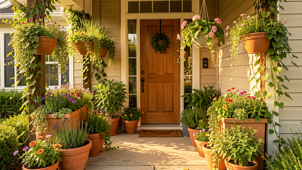 Lush front porch entrance with summer planters and greenery