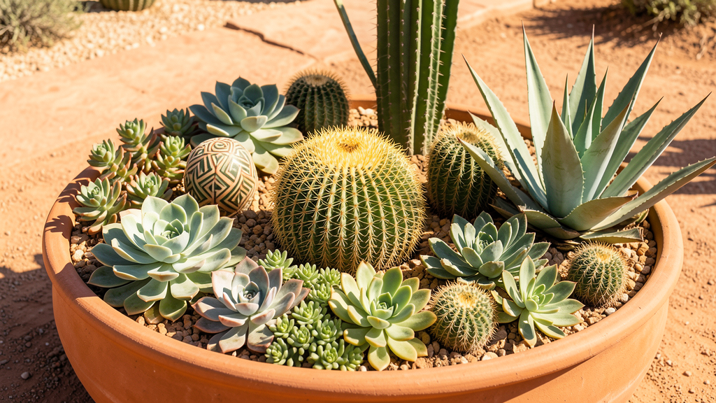 Succulent and cacti arrangement in terracotta bowl